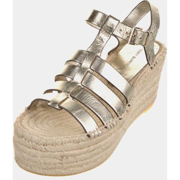 Tory Burch Espadrille Wedge Sandals Spark Gold Metallic Leather New Size 5.5 - Picture 7 of 16